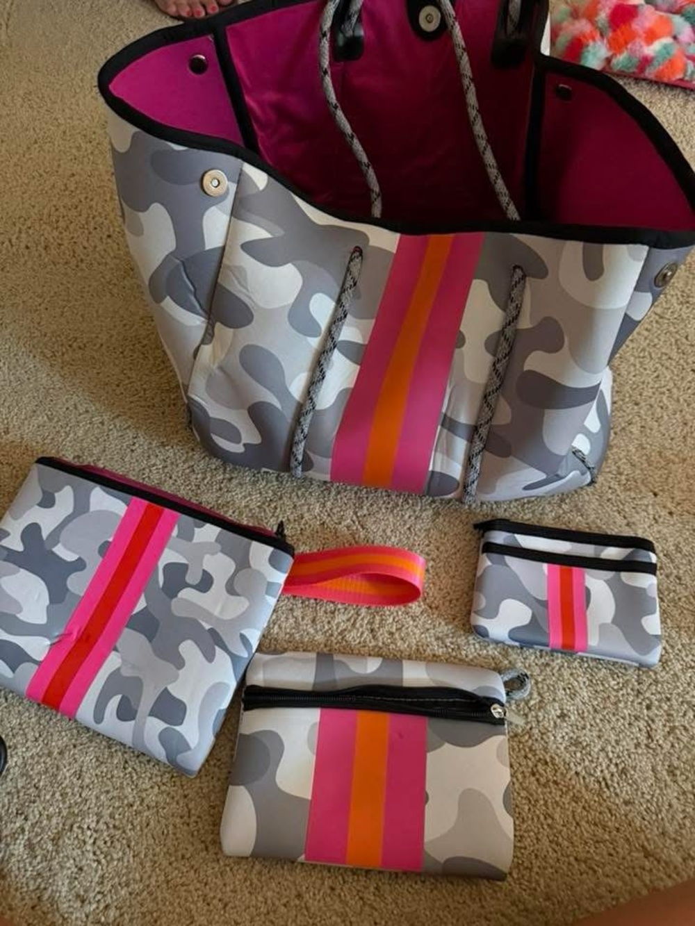 Haute Shore Gray Camo Neoprene Tote and Pouches- Pink & Orange Stripe